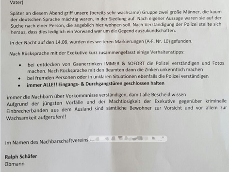 Brief der Bürgerwehr an Anrainer Wels-Laahen