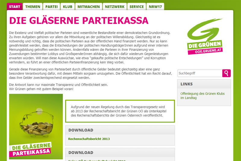 Auf der Homepage der Grünen Oberösterreich ist seit einiger Zeit ein gläsernes Sparschwein, halbvoll mit Euromünzen, zu sehen, das die "gläserne Parteikassa" symbolisieren soll.