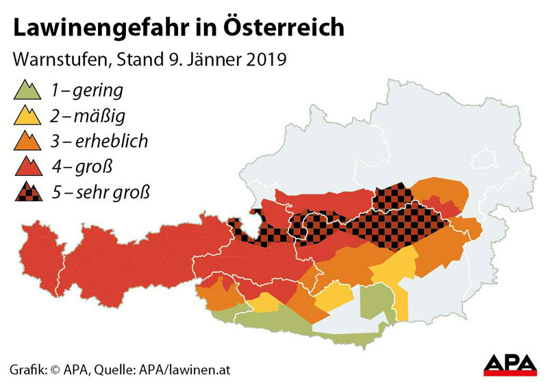 Österreichkarte mit Lawinengefahr