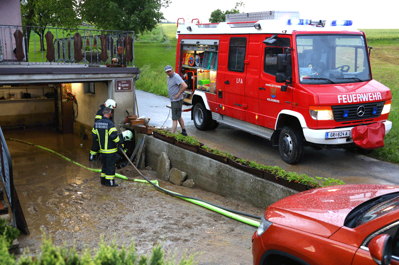 Garage nach Überflutung, FF im Einsatz